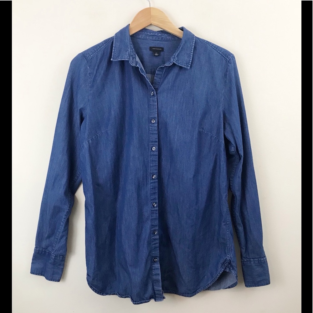 Ann Taylor 100% cotton long sleeve Denim Chambray Button Up Top Shirt LT L Tall